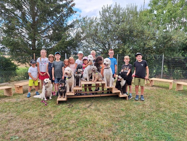 Gruppenbild mit den Kindern und Hunden