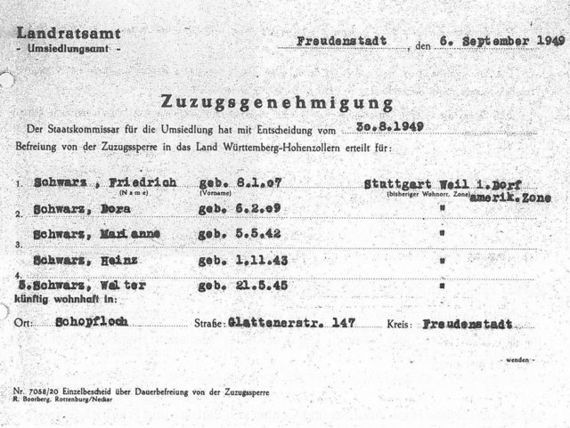 Schopflocher Skizzen Zuzugsgenehmigung für die Familie Friedrich Schwarz jun.