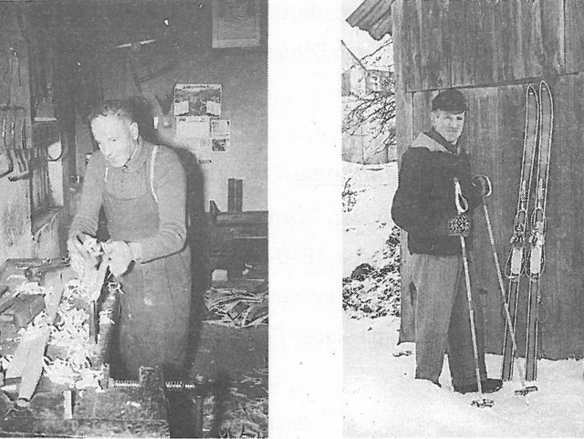 Schopflocher Skizzen Wanger-Gottlob in seiner Werkstatt und mit selbst produzierten Skiern 
