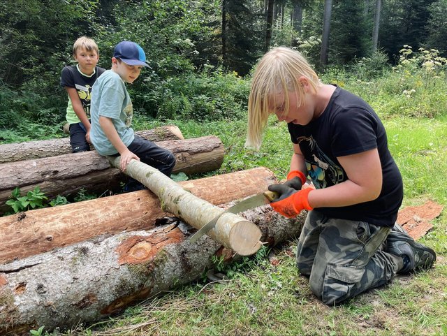 Kinder beim Sägen eines Baums